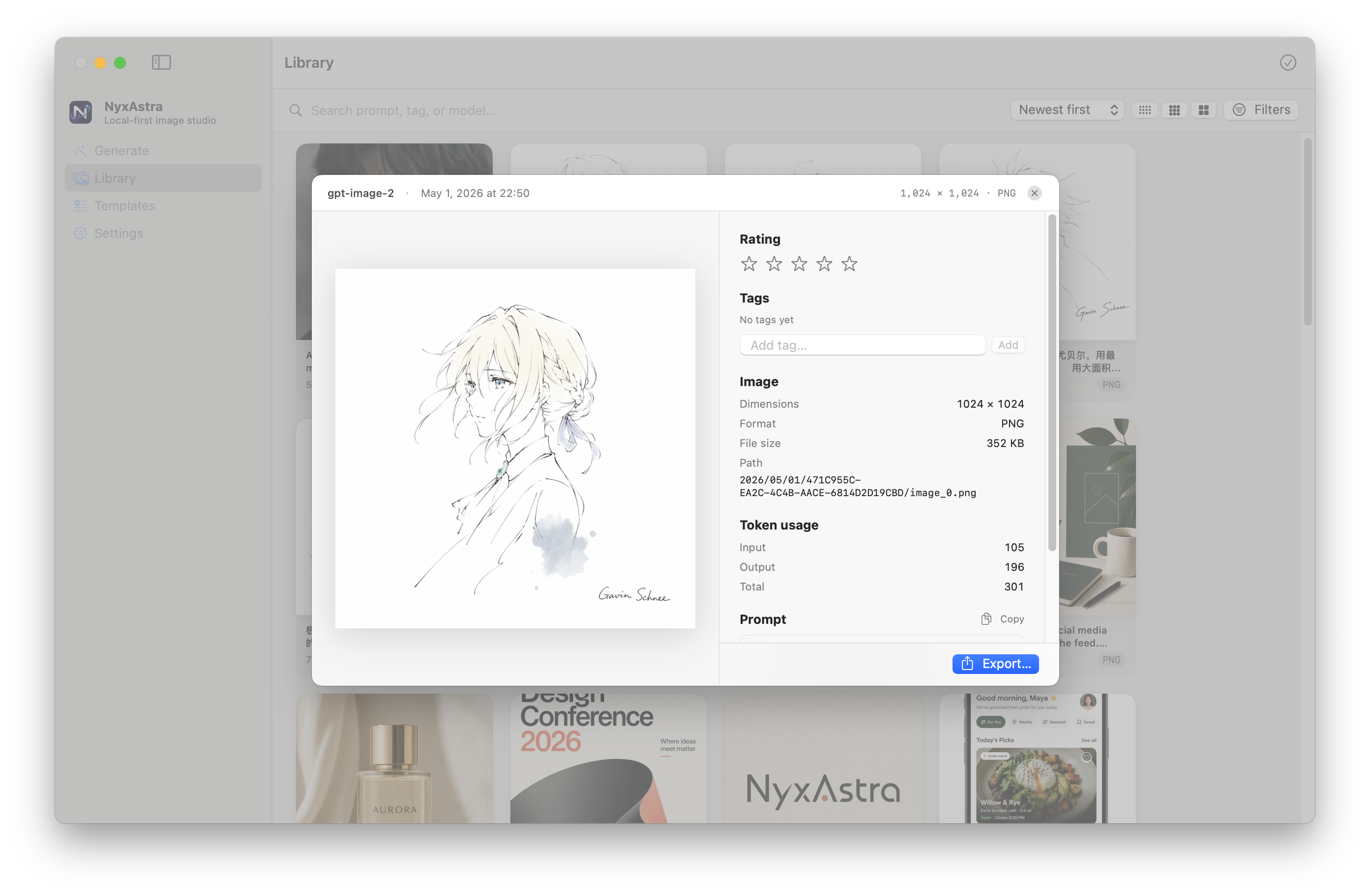 Image details panel with metadata, token usage, and export